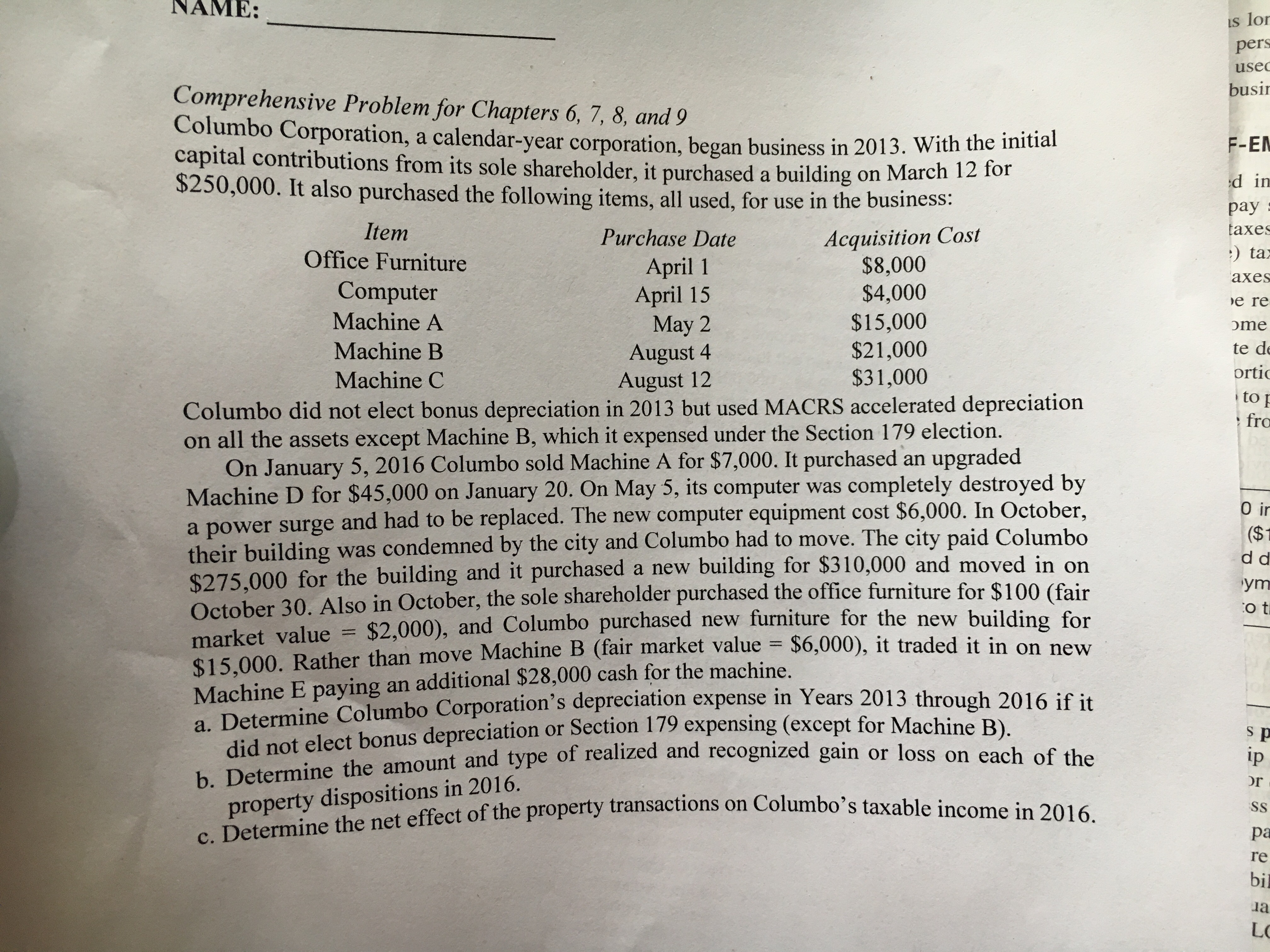Comprehensive Problem for Chapters 6, 7, 8, and 9 Columbo Corporation, a
