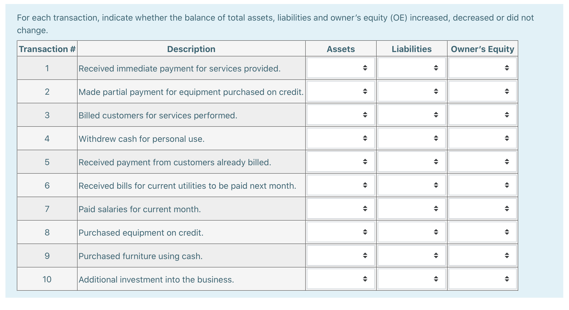  please answer to questions For each transaction, indicate whether the balance
