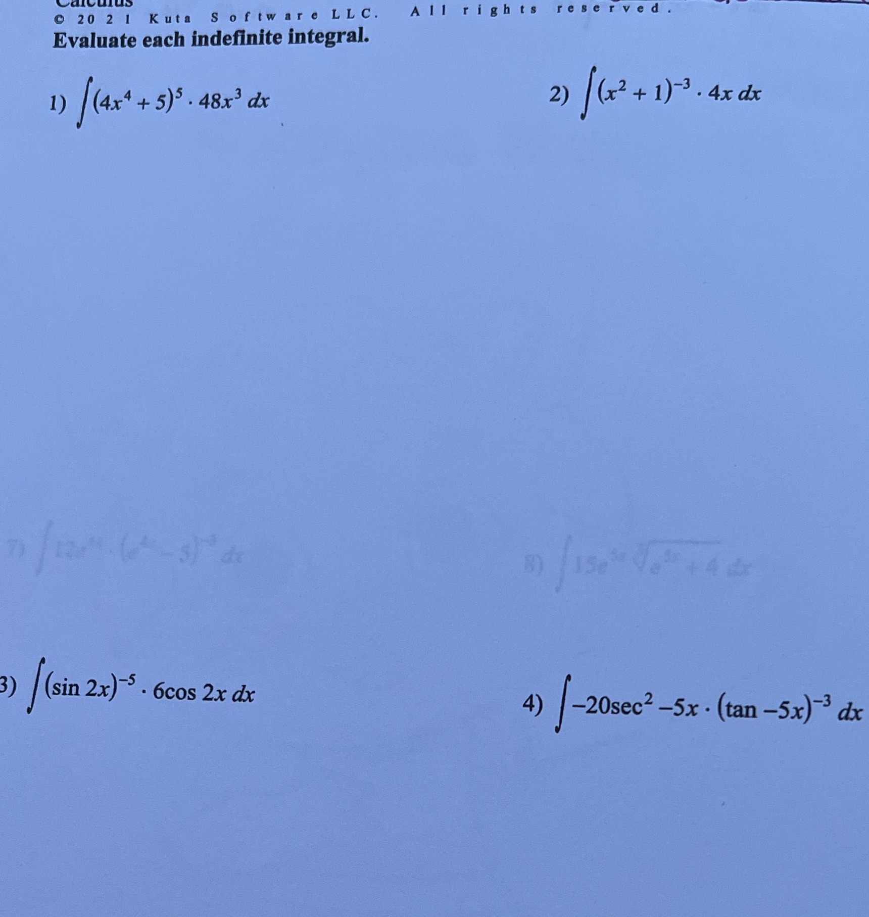 indefinite integral. 1) / ( 4x # + 5 ) 5 .