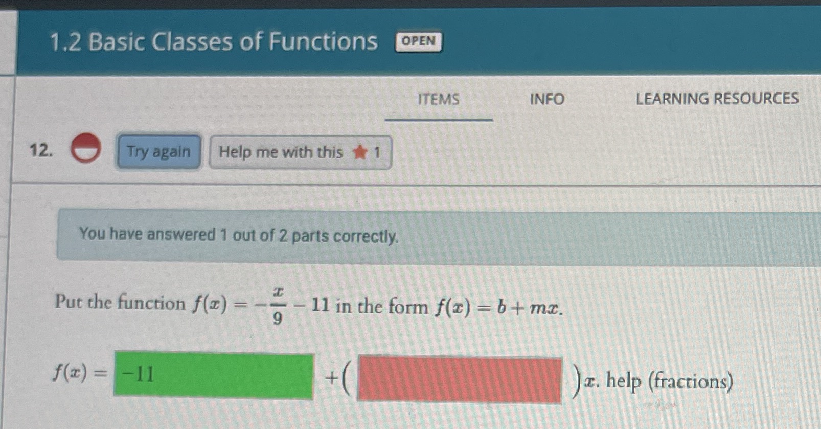  answer the red blank 1.2 Basic Classes of Functions OPEN ITEMS