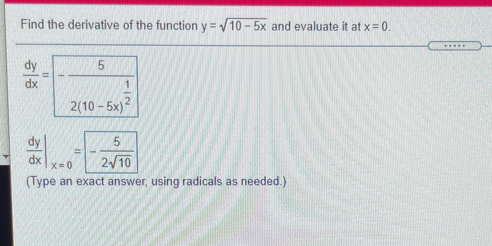 - 5x and evaluate it at x = 0) dy 5 2(10