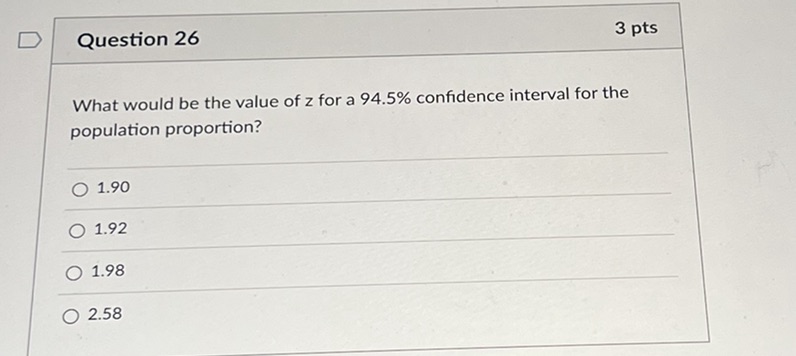 z for a 94.5% confidence interval for the population proportion? O 1.90