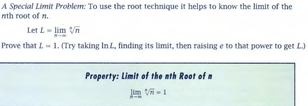 to know the limit of the nth root of n. Let L