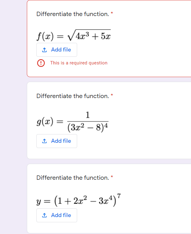 file G This is a required question Differentiate the function. * 1
