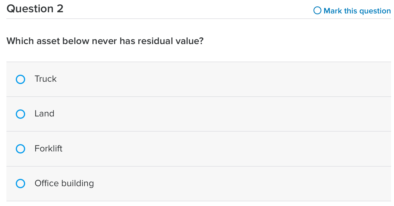  Question 2 O Mark this question Which asset below never has