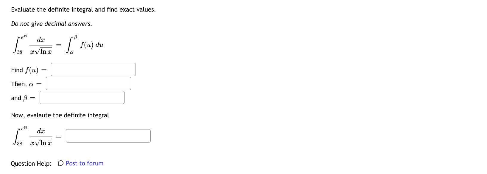 decimal answers. dx f(u) du 38 xvin x Find f (u) =