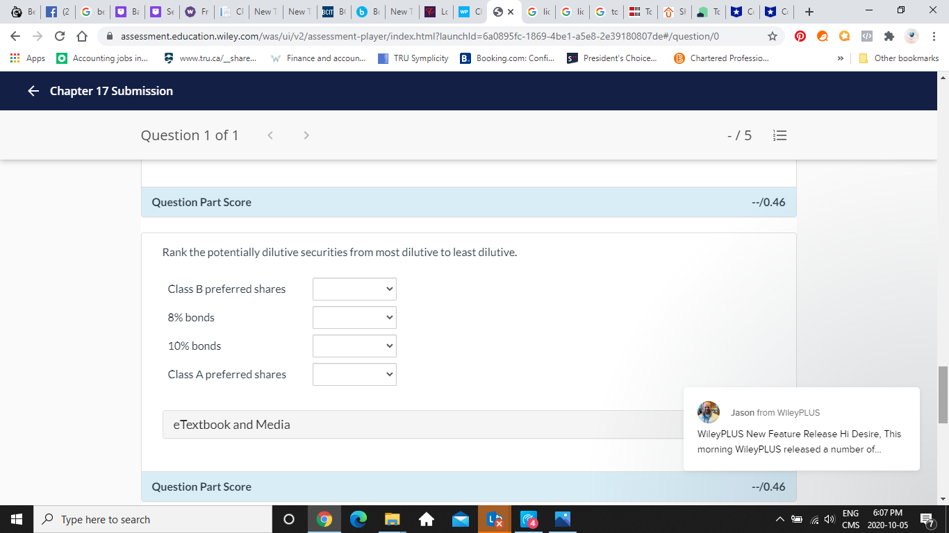 Question Part Score --/0.45 Jason from WileyPLUS Calculate basic earnings per share.