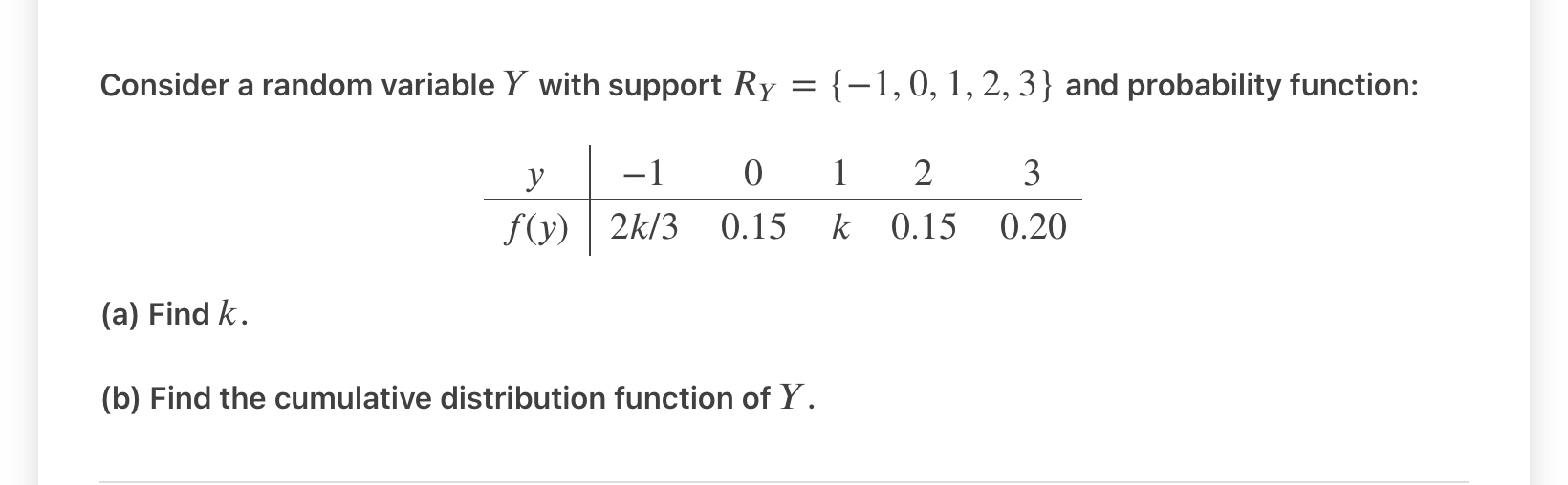 0, 1, 2, 3} and probability function: y 1 0 1 2