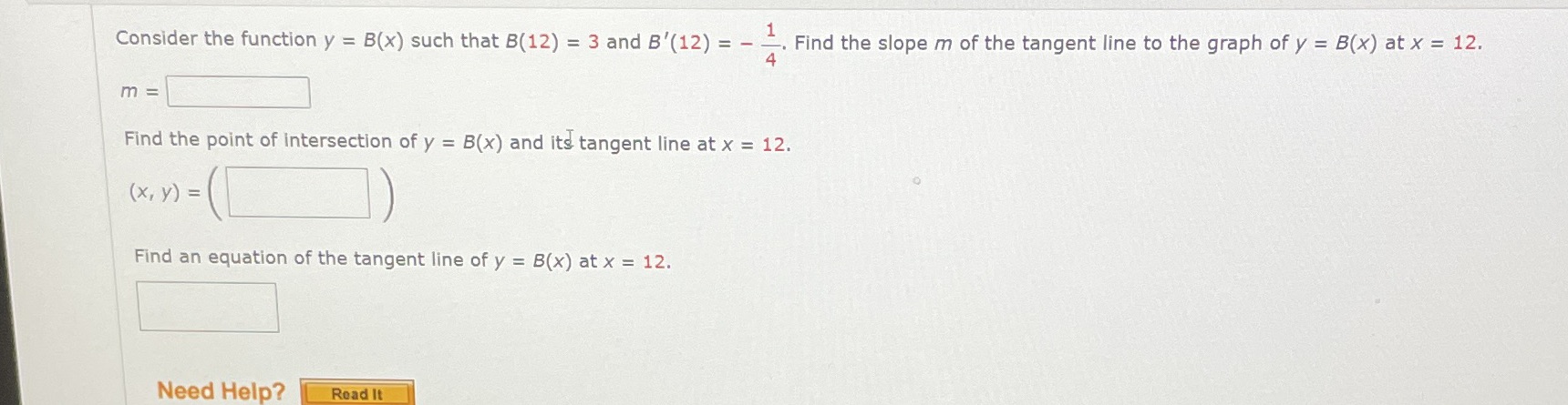 and B'(12) = - -. Find the slope m of the tangent