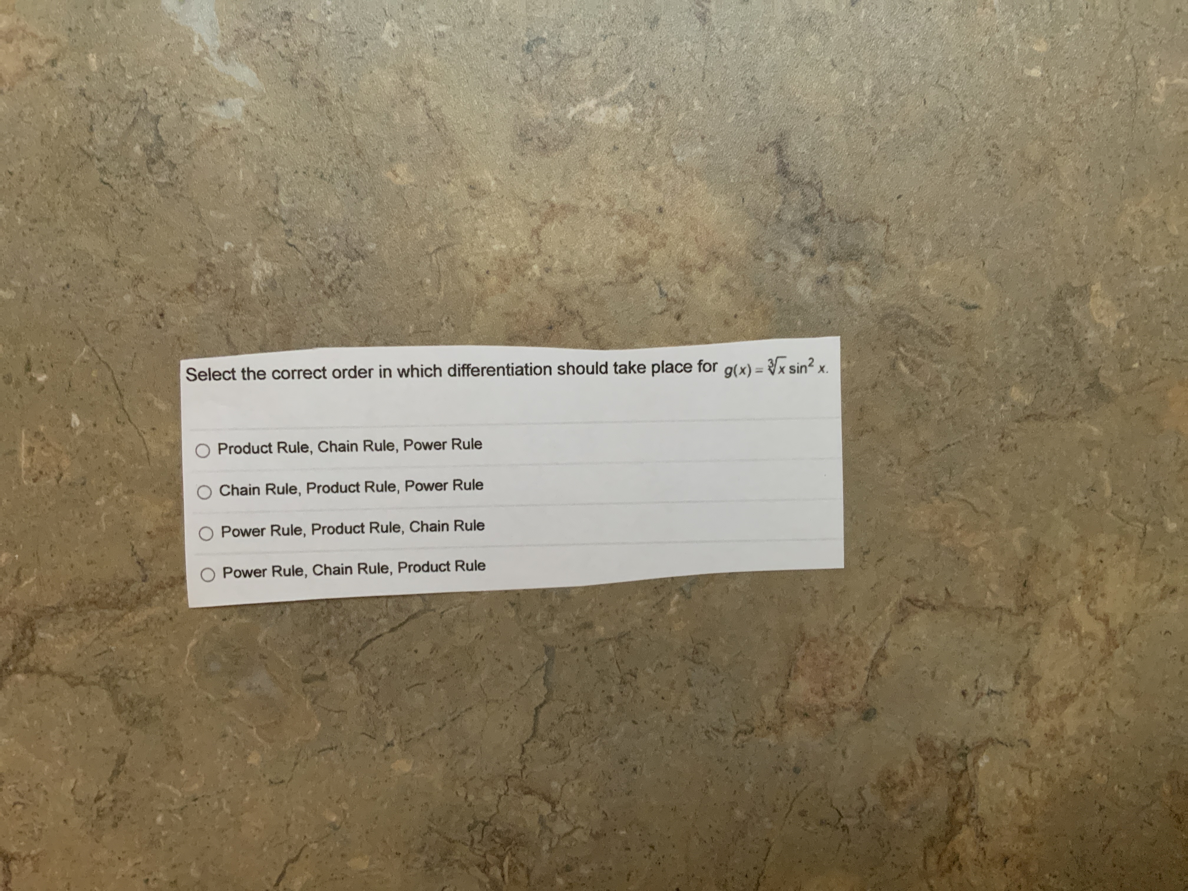 g(x) = x sin? x. Product Rule, Chain Rule, Power Rule Chain