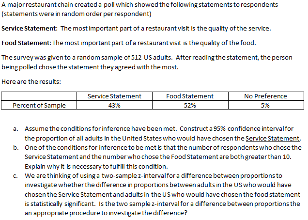 A major restaurantchain created a poll which showed the following statements to