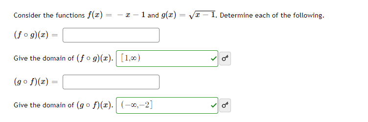 functions f(@) = - -1 and g(@) = VT -1. Determine each