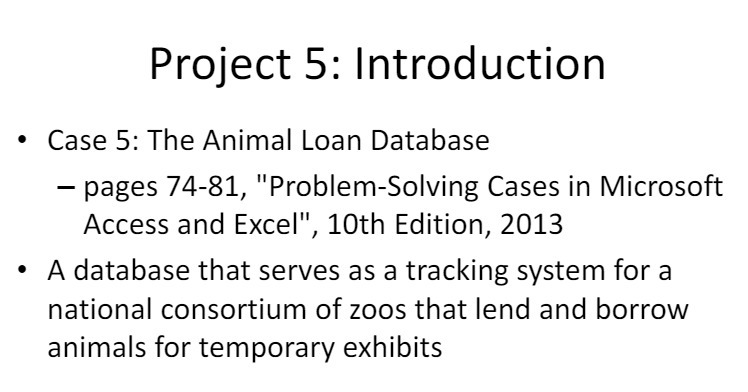 Project 5: Introduction Case 5: The Animal Loan Database pages 74-81, "Problem-Solving