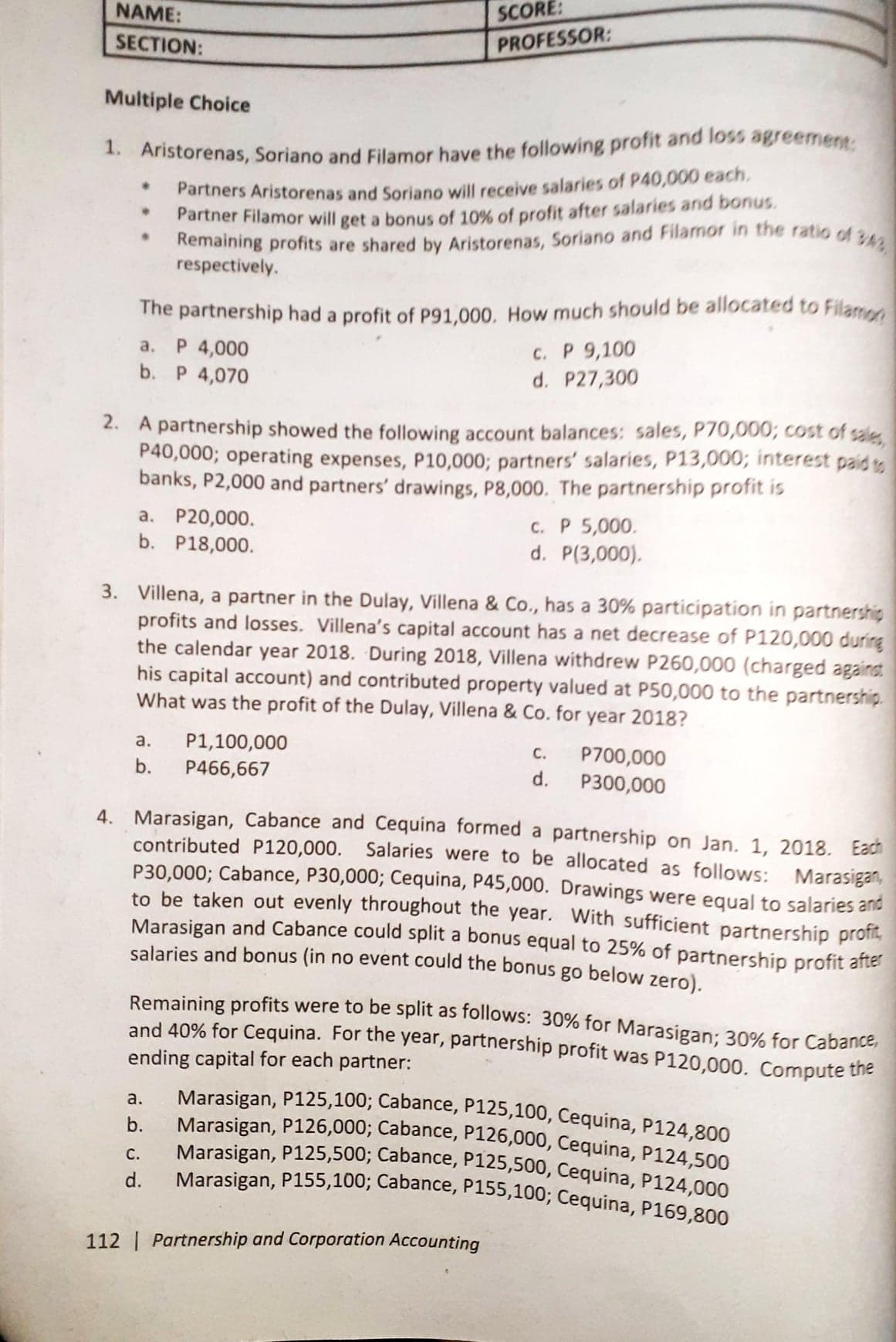  WITH EXPLANATION THANK YOU SCORE: NAME: PROFESSOR: SECTION: Multiple Choice 1.