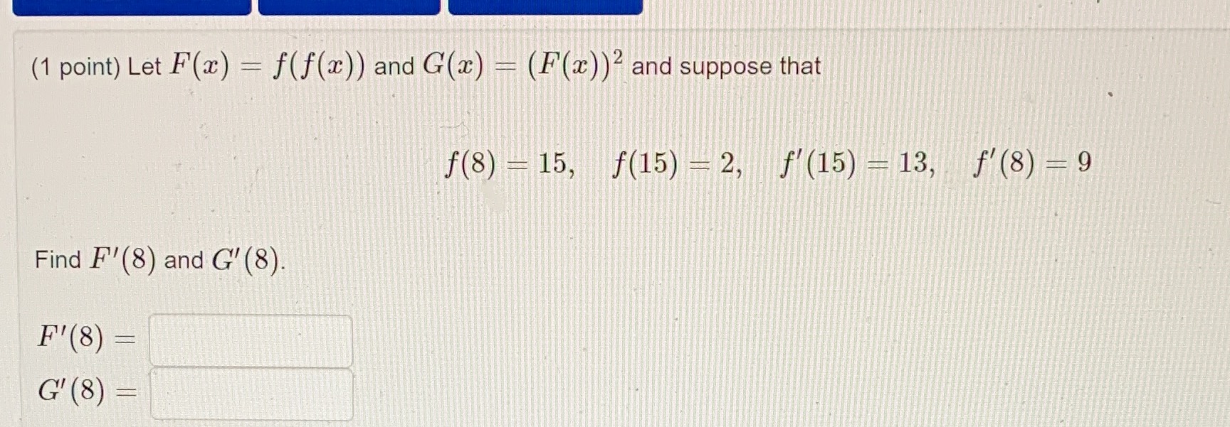 ) and suppose that f(8) - 15, f(15) - 2, f'(15) -
