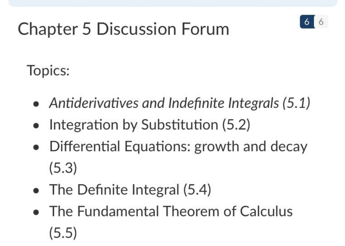 5 Discussion Forum 6 Topics: . Antiderivatives and Indefinite Integrals (5.1) .