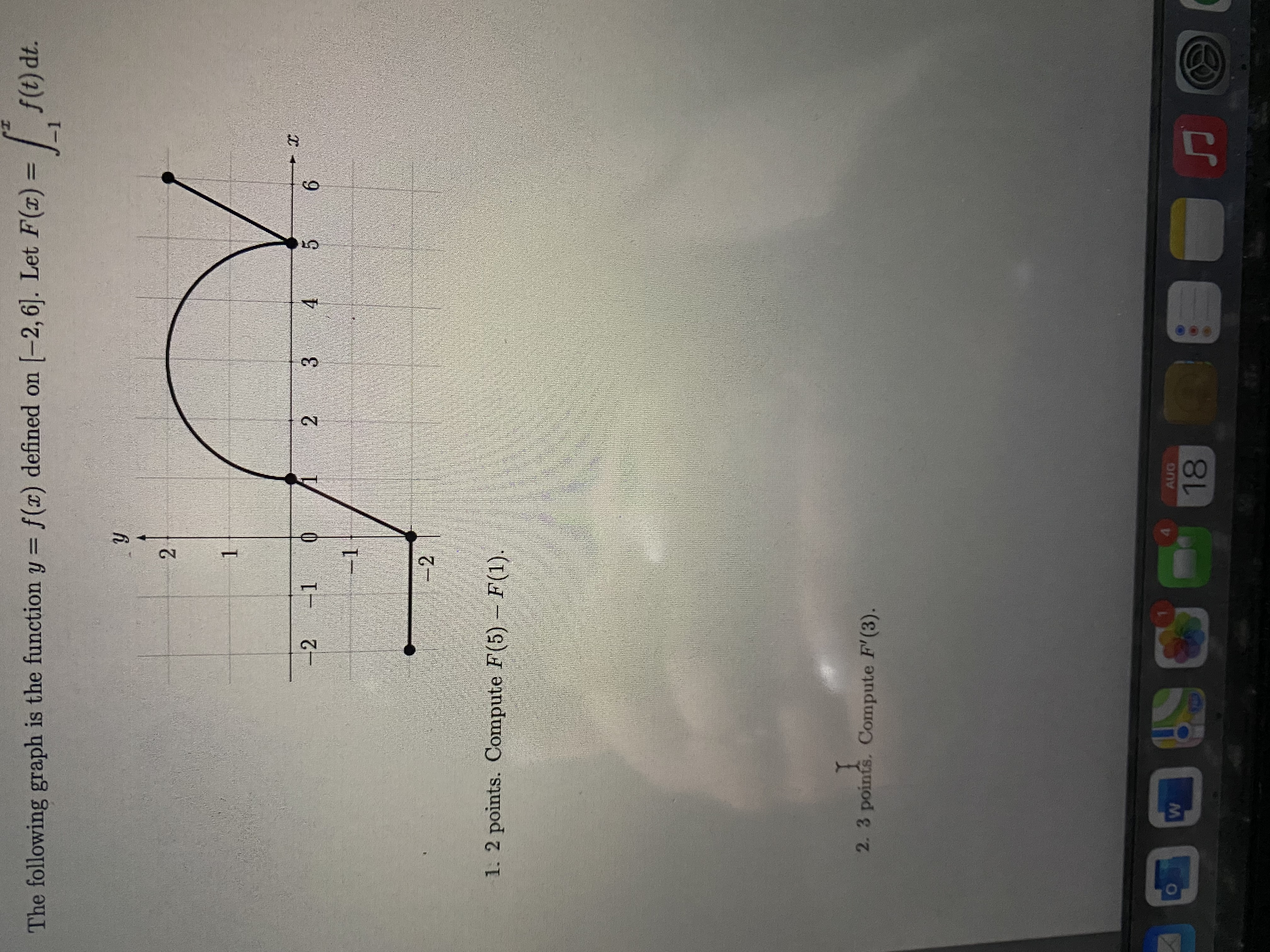 [-2, 6]. Let F(x) = / f(t) at. N -2 -1 2
