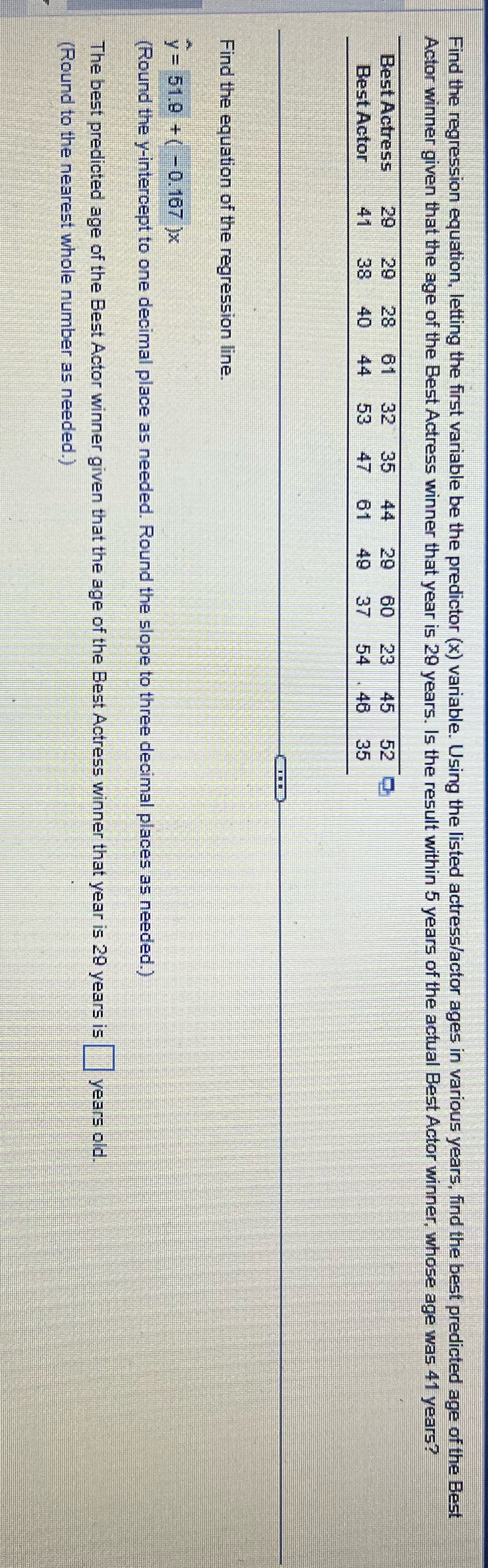 (x) variable. Using the listed actress/actor ages in various years, find the