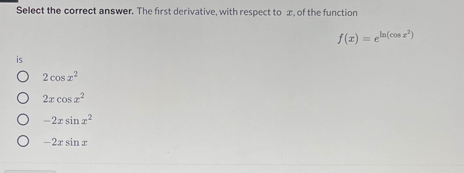 of the function f (z) = eln(cos z?) is O 2 cosa2