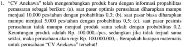 saat pzsar optimis diharapkan mampu menjual pcs/tahun ckngan probabilitas 03; Saat pasar