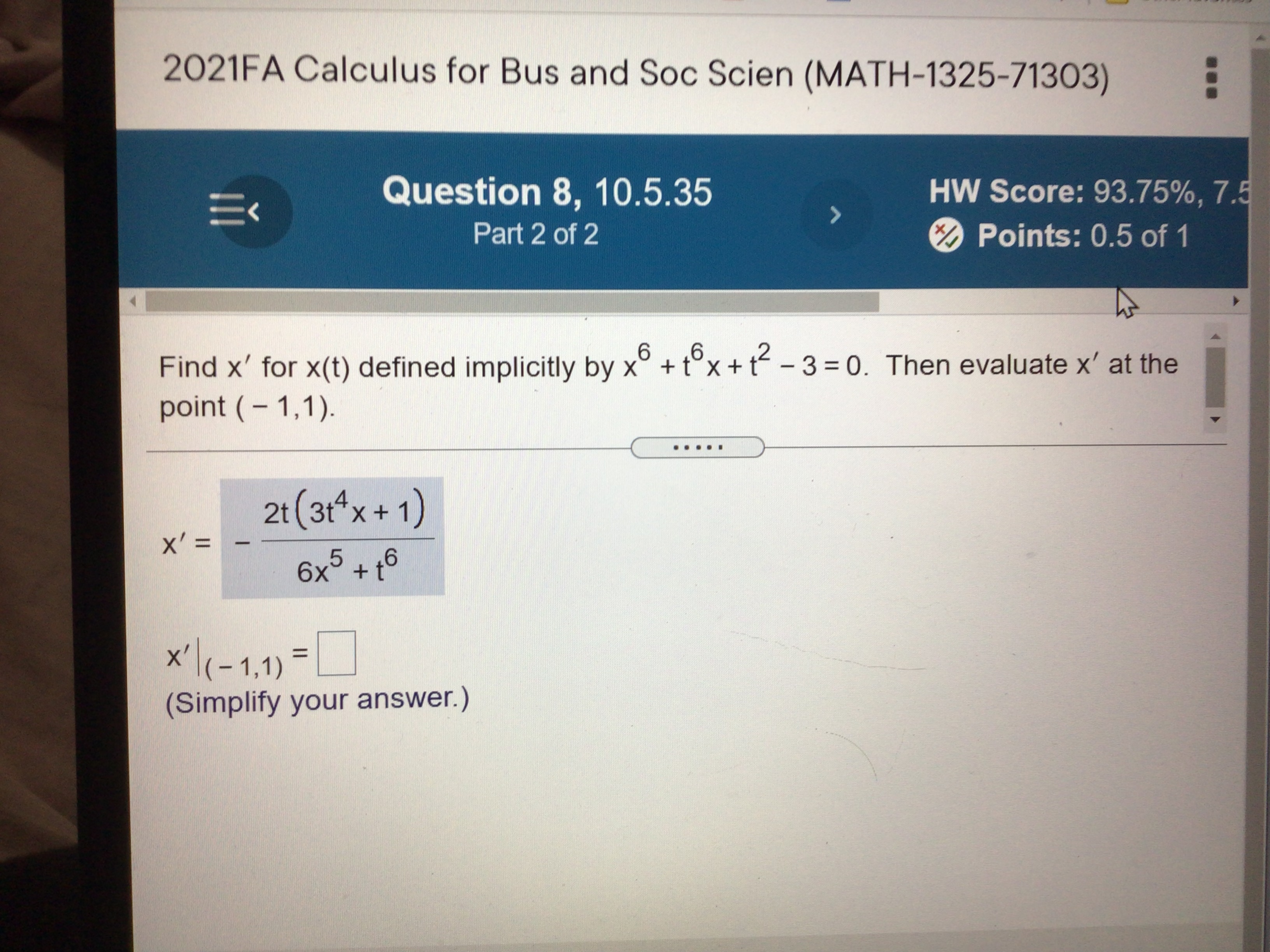 2021FA Calculus for Bus and soc scien (MATH-1325-71303) Question 8, 10.5.35 Part