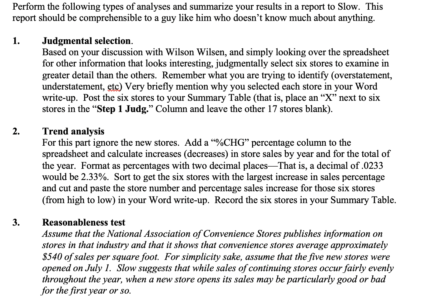 project instructions), 2)aword write-upexplain how you selected the stores. (Combine the results