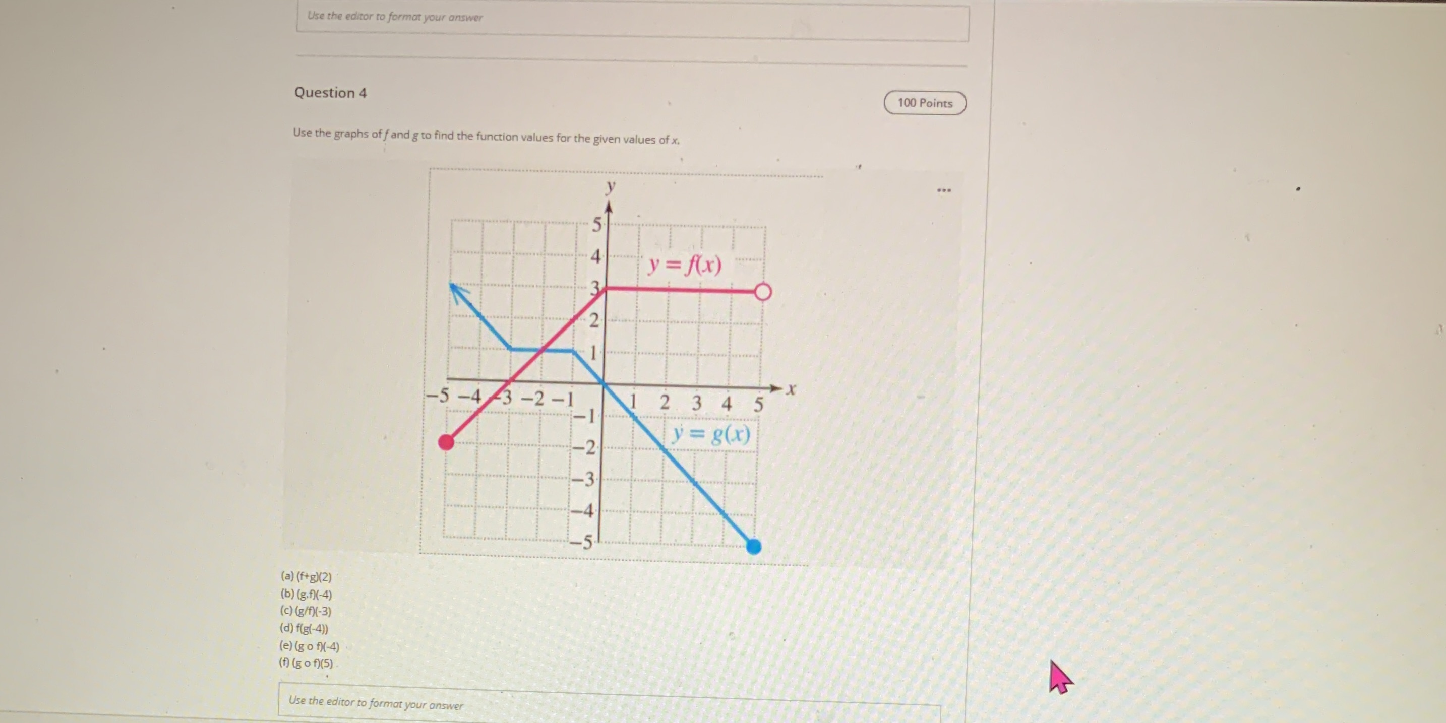 Use the graphs of f and g to find the function values