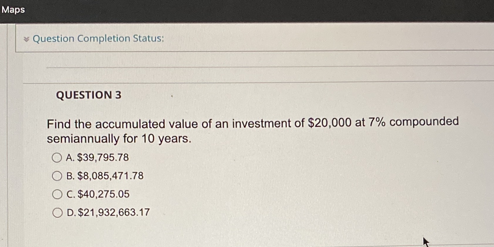 an investment of $20,000 at 7% compounded semiannually for 10 years. O