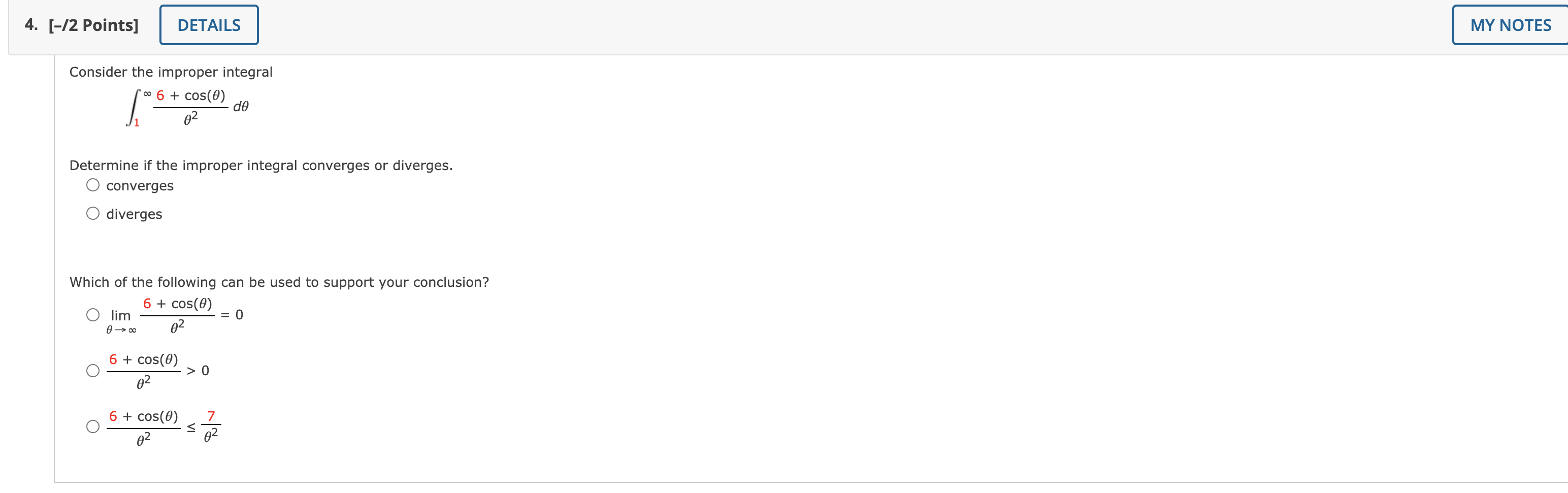  4. [-l2 Points] | MY NOTES Consider the improper integral 5'