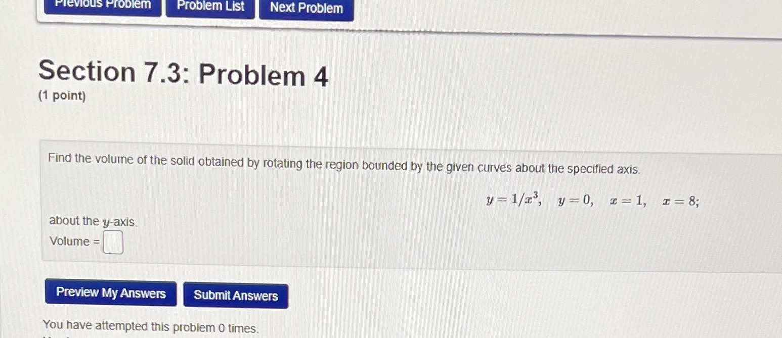point) Find the volume of the solid obtained by rotating the region