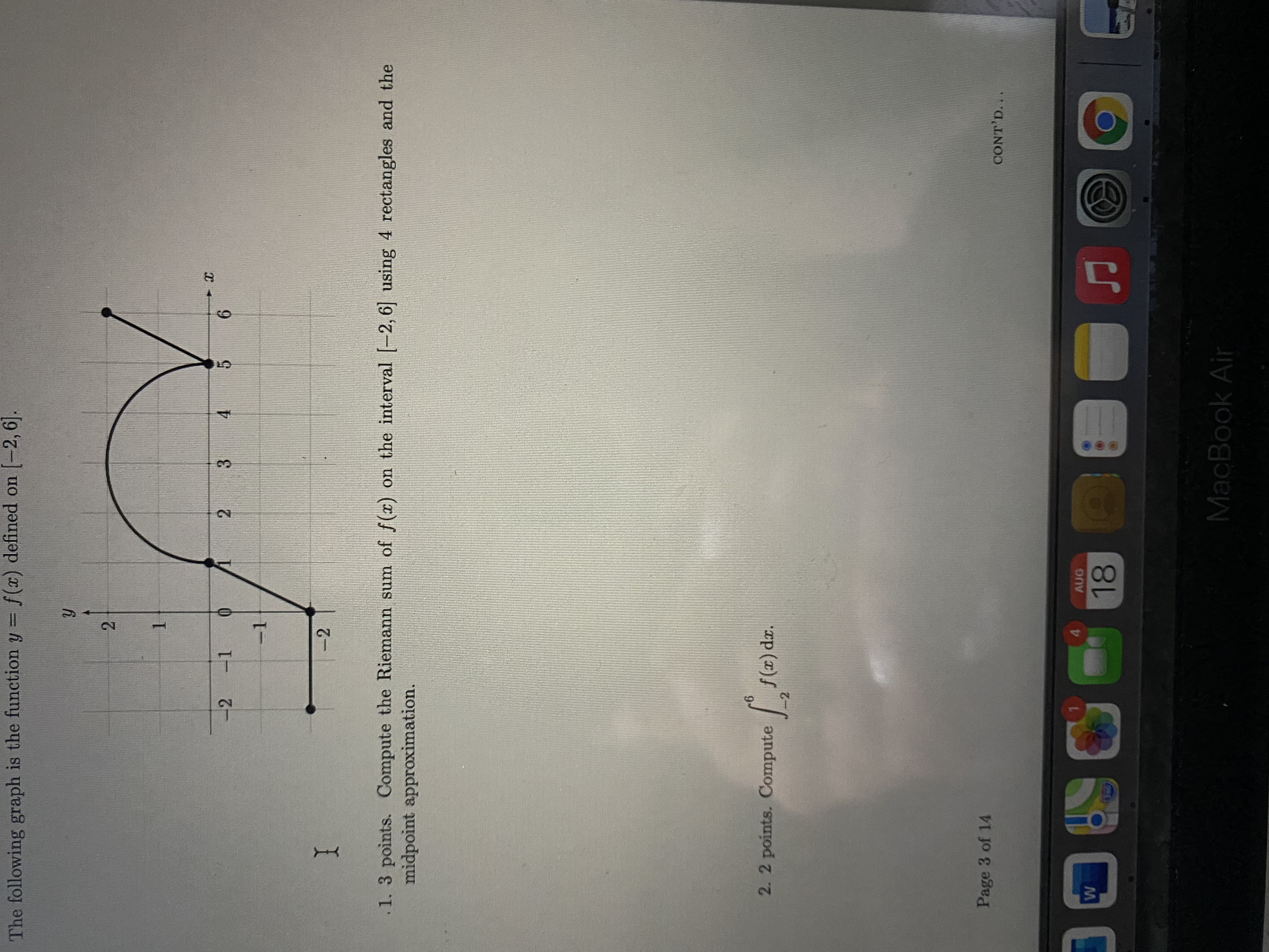[-2, 6]. -2 -1 -2 1. 3 points. Compute the Riemann sum