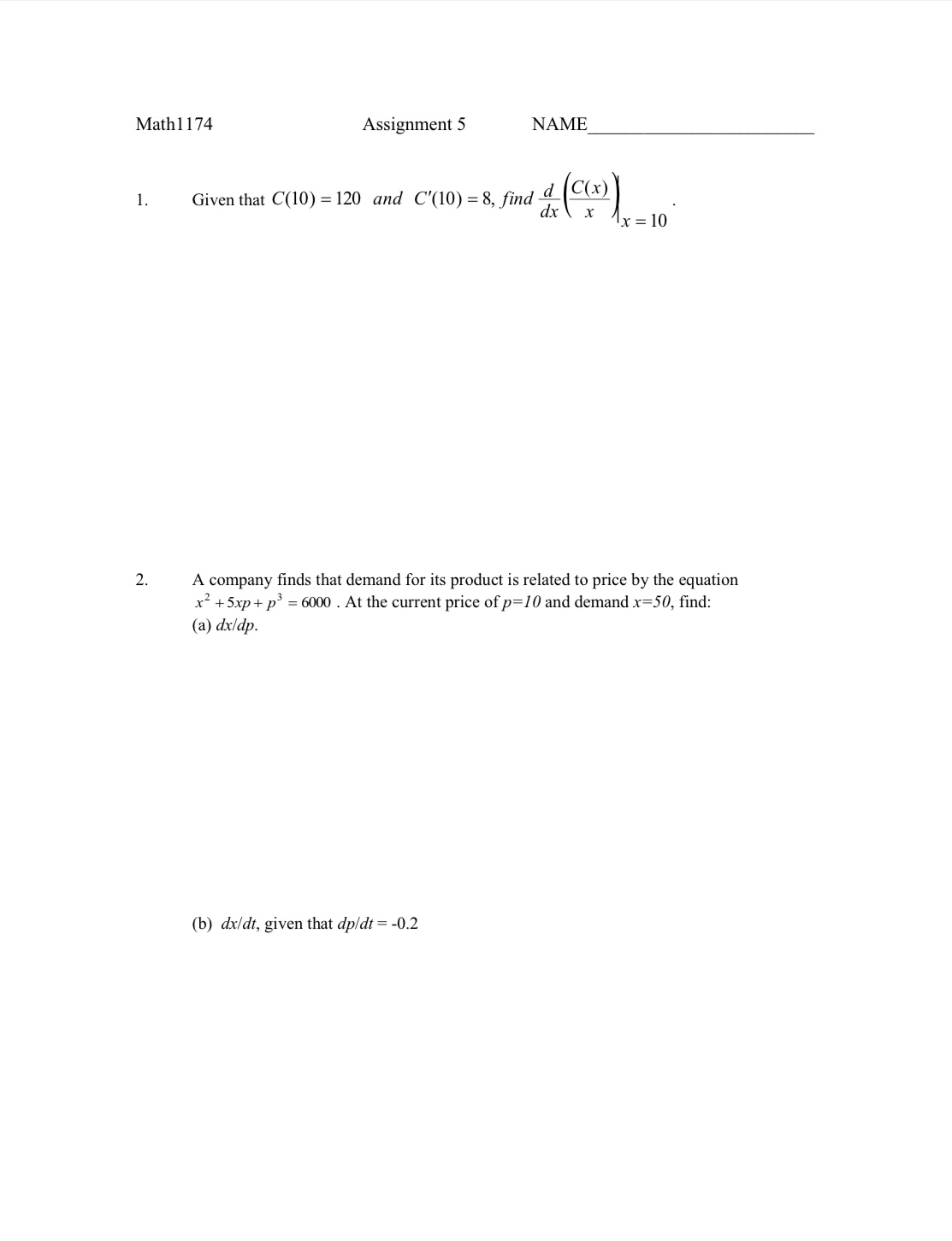 Math 1 174 Assignment 5 NAME 1 . Given that C(10)