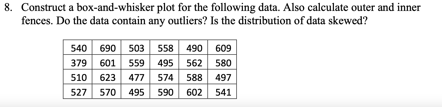  8. Construct a box-and-whisker plot for the following data. Also calculate