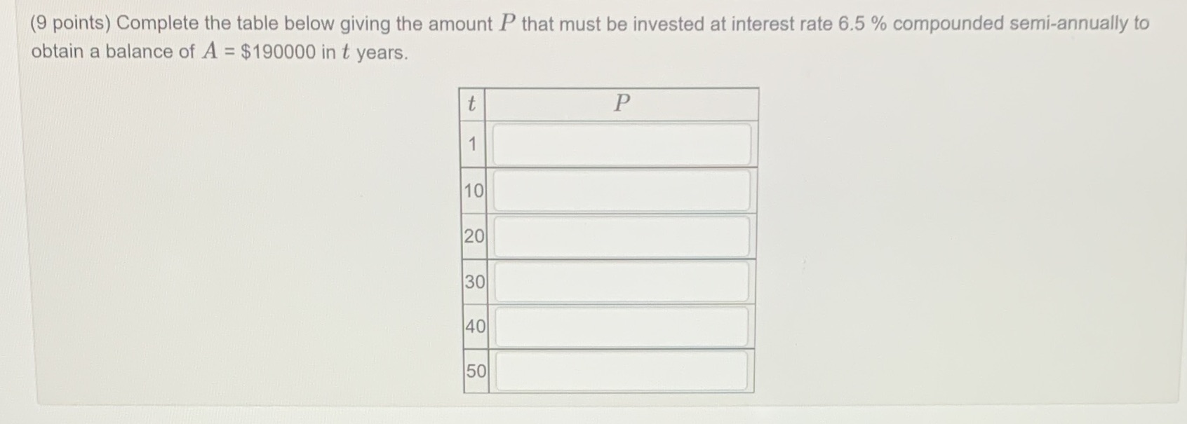 (9 points) Complete the table below giving the amount P that