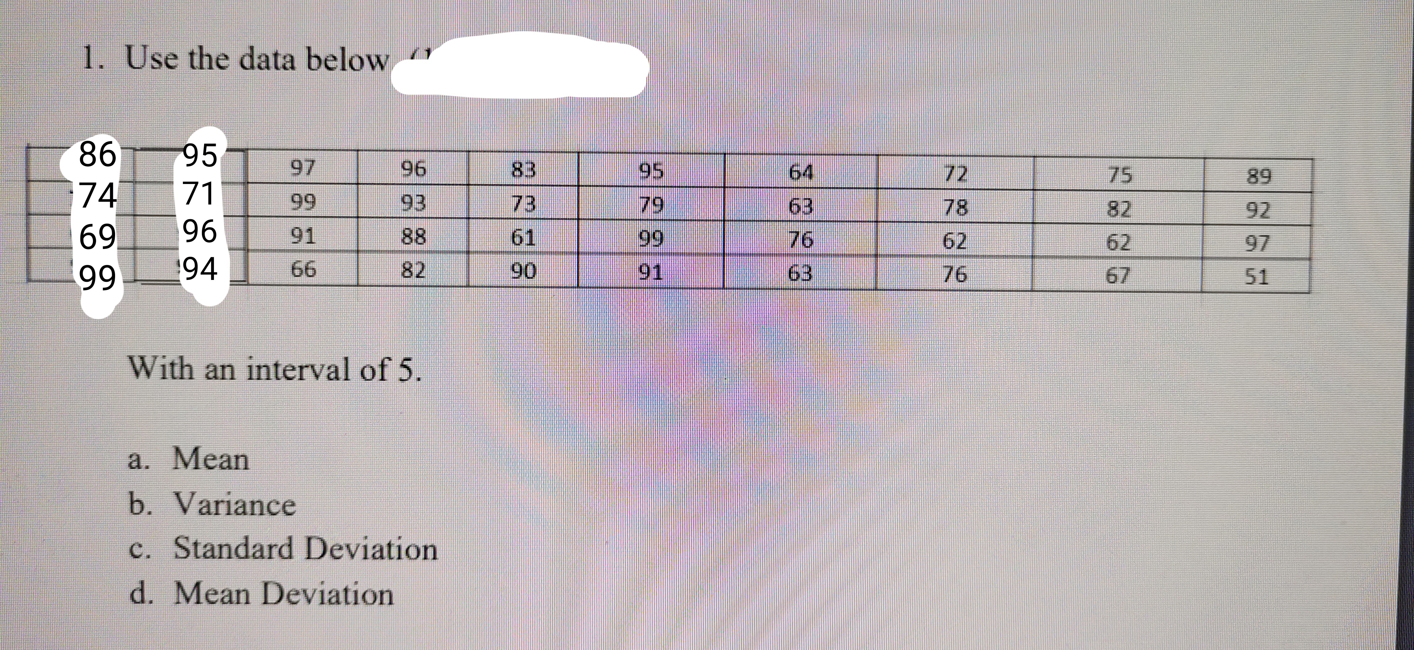 97 96 83 95 64 72 75 89 74 71 99 93