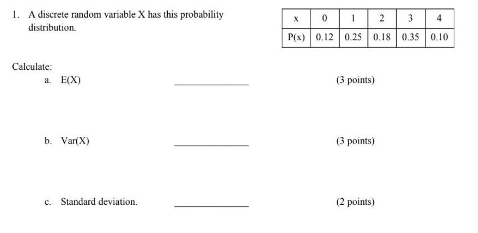 2 4 distribution. P(x) 0.12 0.25 0.18 0.35 0.10 Calculate: a. E(X)