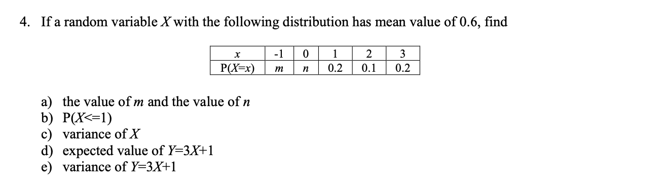 mean value of 0.6, find X -1 0 2 3 P(X=x) m