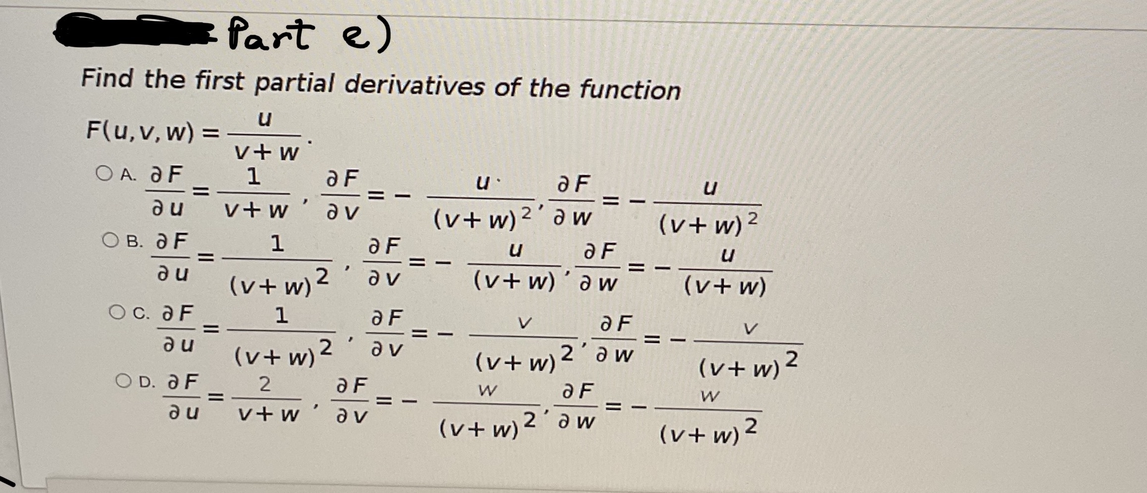 Part e) Find the first partial derivatives of the function F(u,