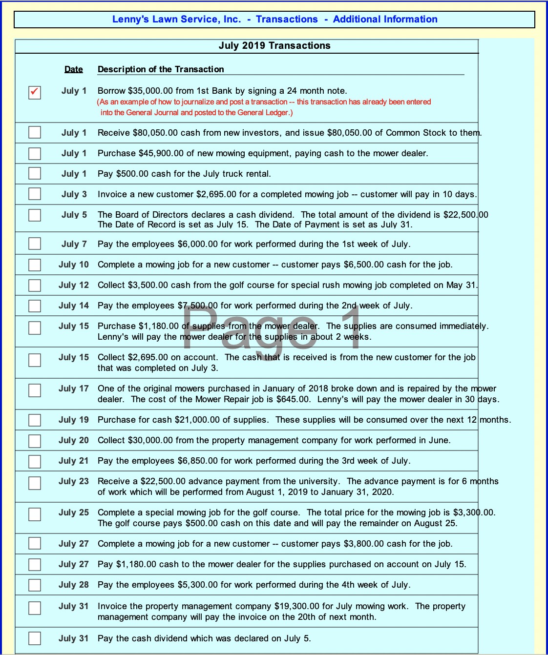 2019 transactions for Lenny's Lawn Service. Inc. After recording the July transactions