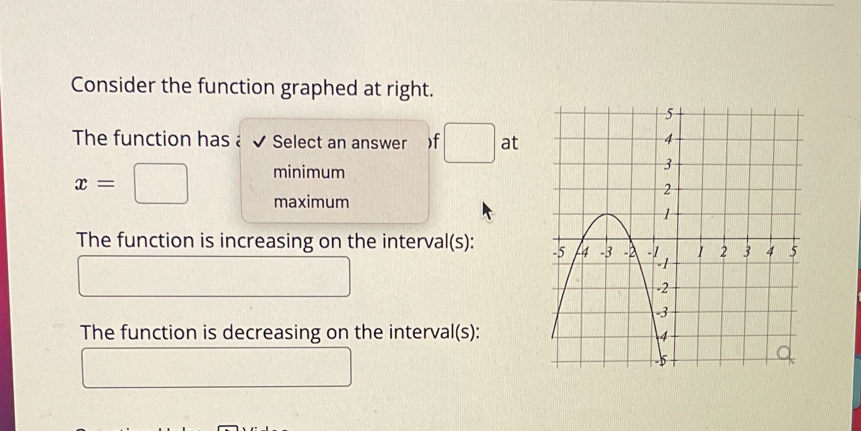 Select an answer at minimum C = maximum The function is increasing