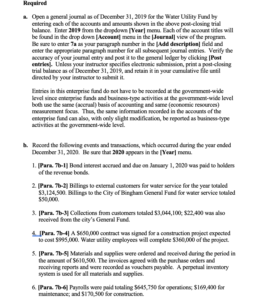 post-closing trial balance of the Water Utility Fund, as of December 31,