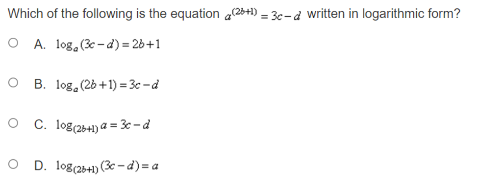 logarithmic function shown in the graph. O A. - - 108 2