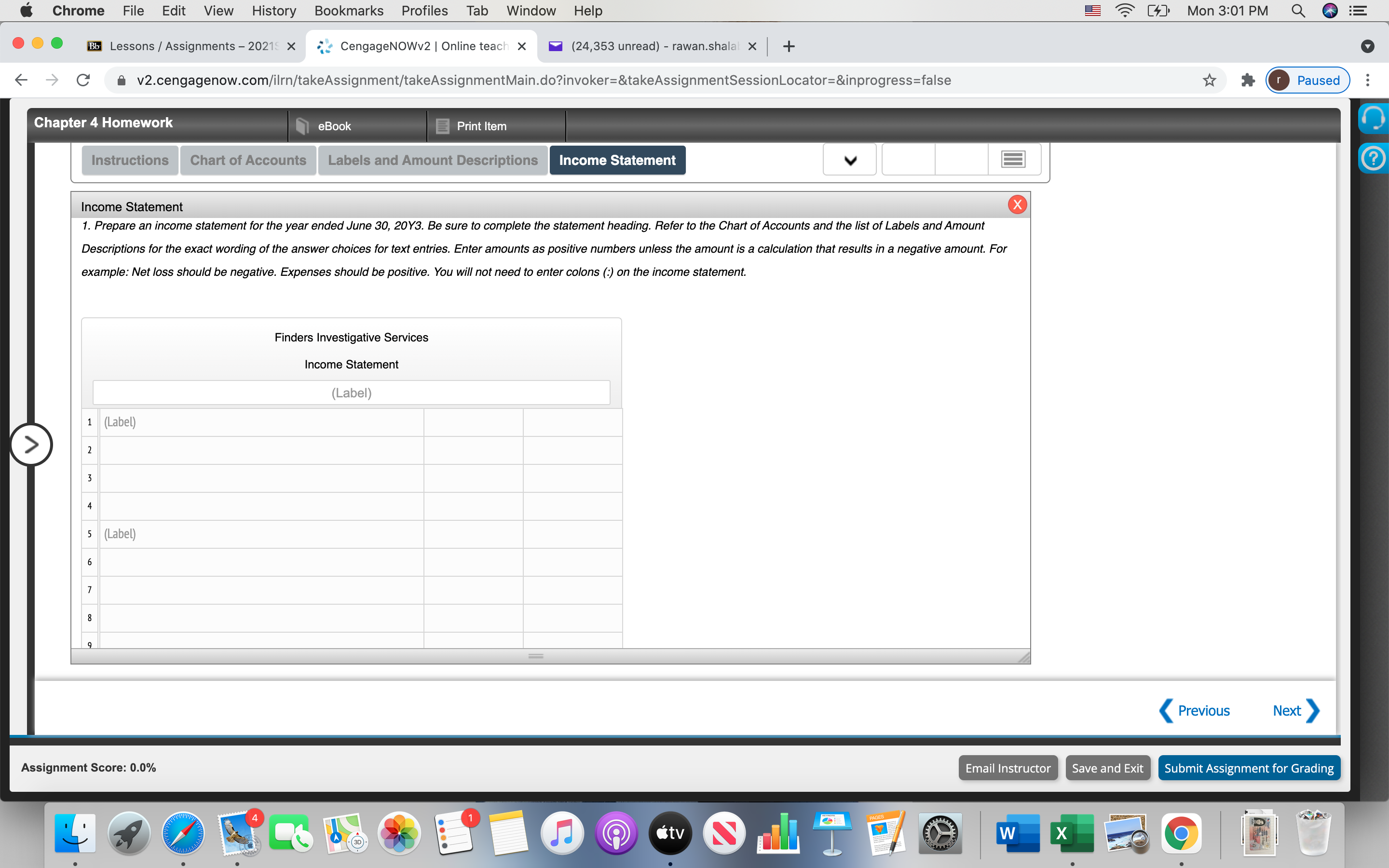 Previous Assignment Score: 0.0% Email Instructor Save and Exit Submit Assig W