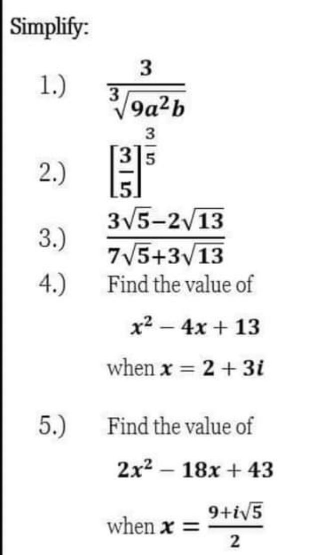 7V5+3V13 4.) Find the value of x2 - 4x + 13 when