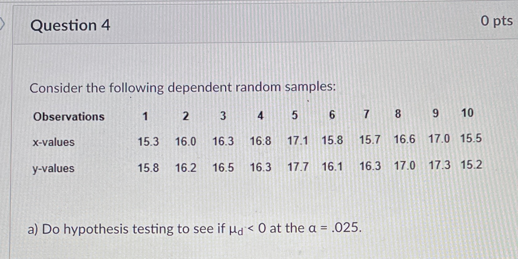  Question 4 0 pts Consider the following dependent random samples: Observations