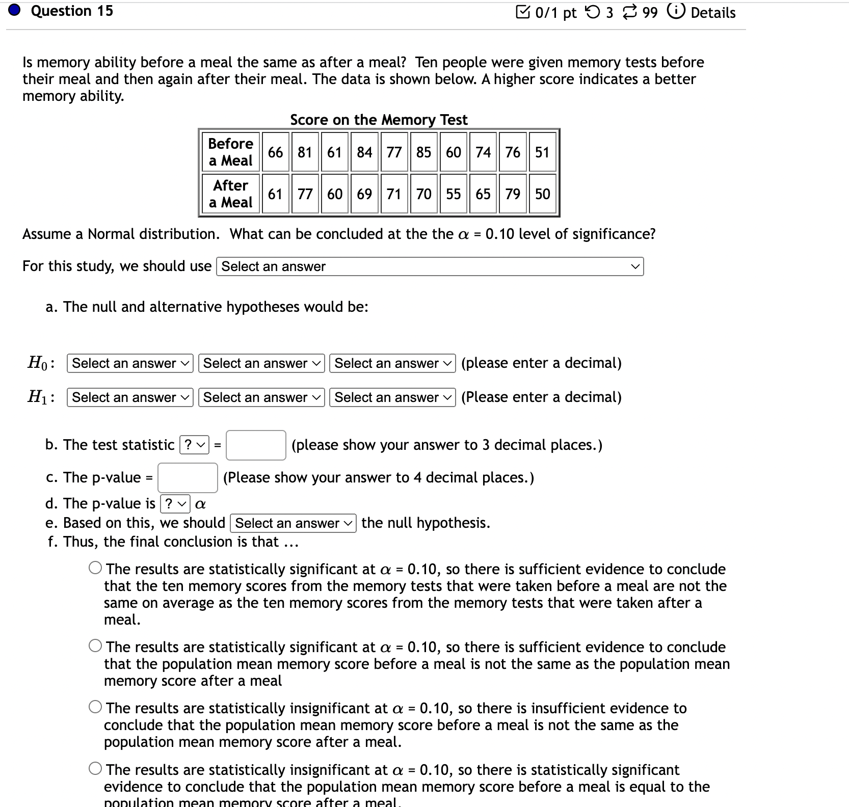 population mean test score taking the exam alone is greater than the