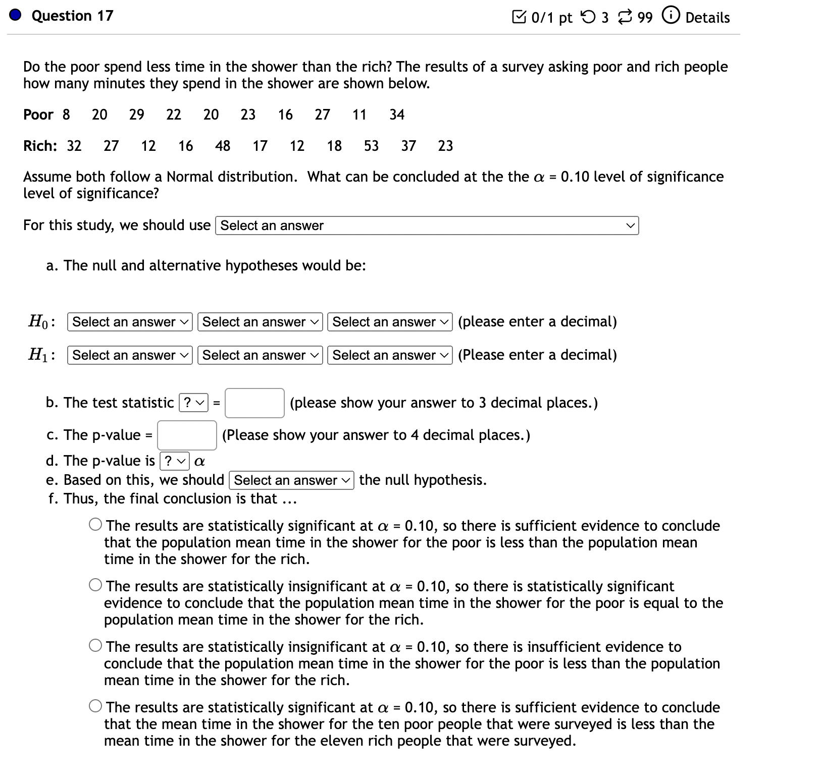 is statistically significant evidence to conclude that the population mean test score