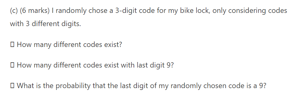 bike lock, only considering codes with 3 different digits. El How many