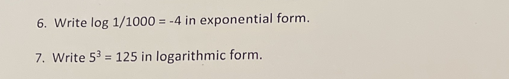 = 125 in logarithmic form.