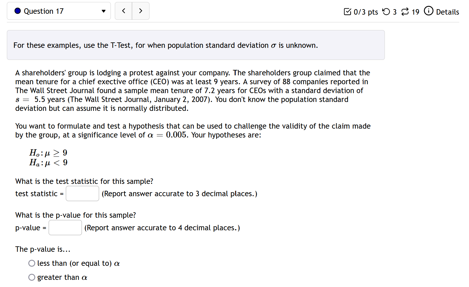 : 44.0597, 3 : 2.5422, n : 15 Find the p-value. 0